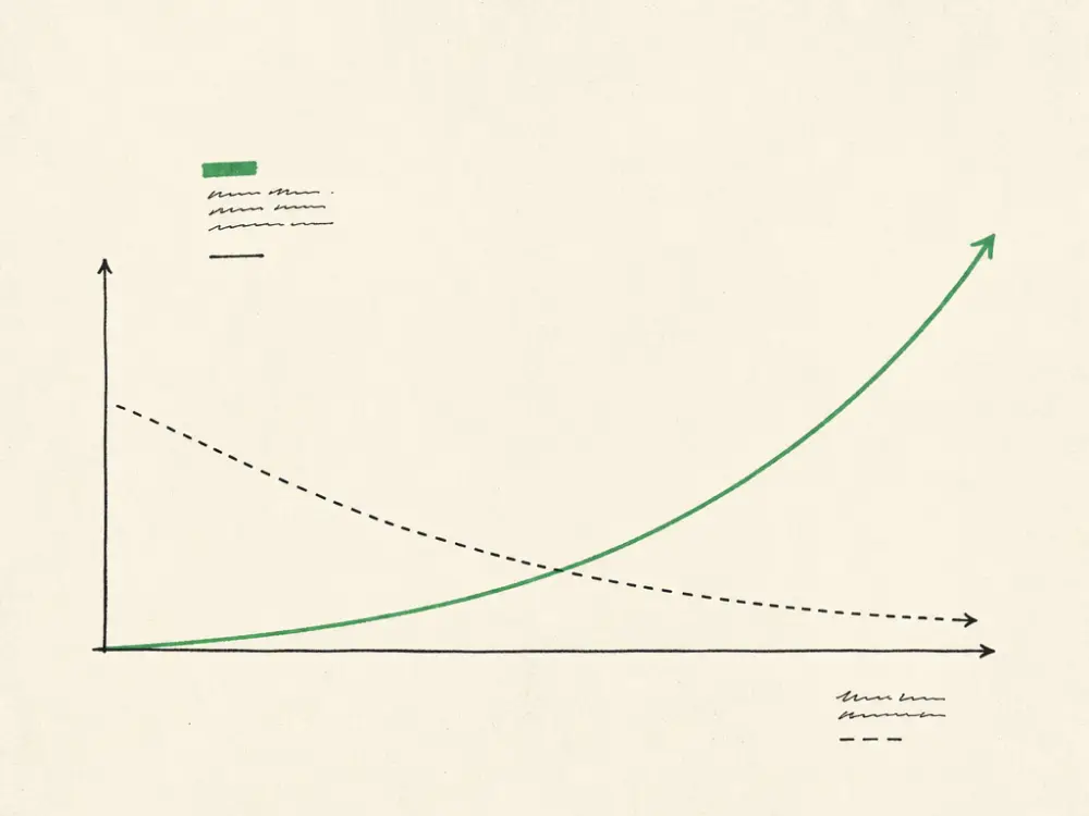 A compounding green growth curve rising past a fading dashed line on cream paper