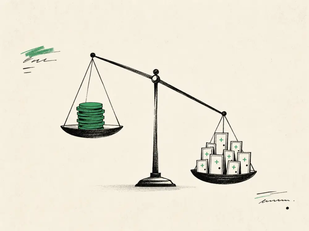 An ink balance scale weighing a stack of green coins against small clinic doors