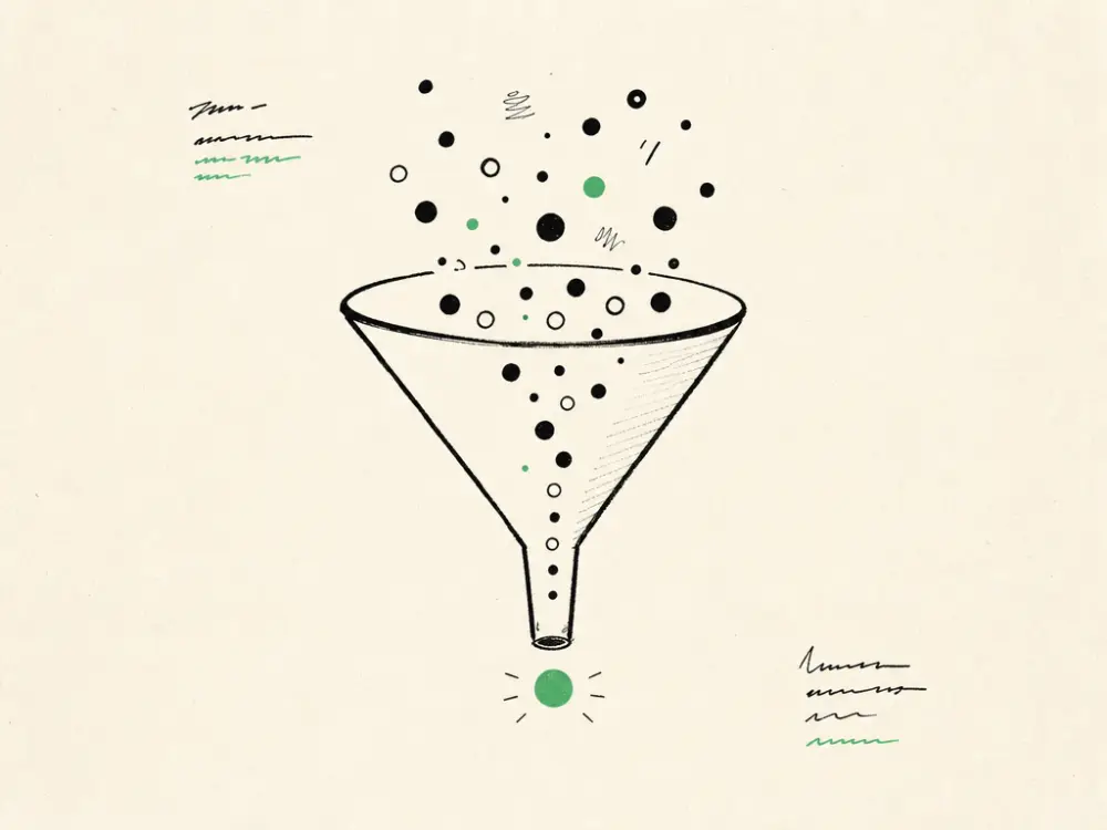 A hand-drawn marketing funnel channelling scattered dots into one green booking dot below