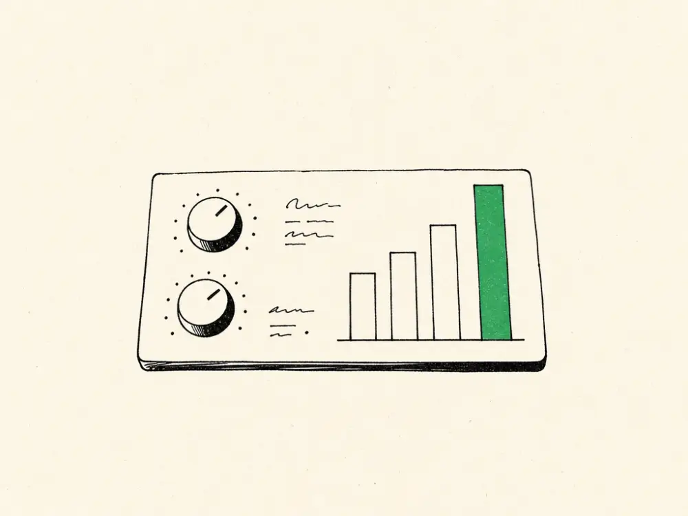 An ink control panel with two dials and a rising chart, tallest bar green