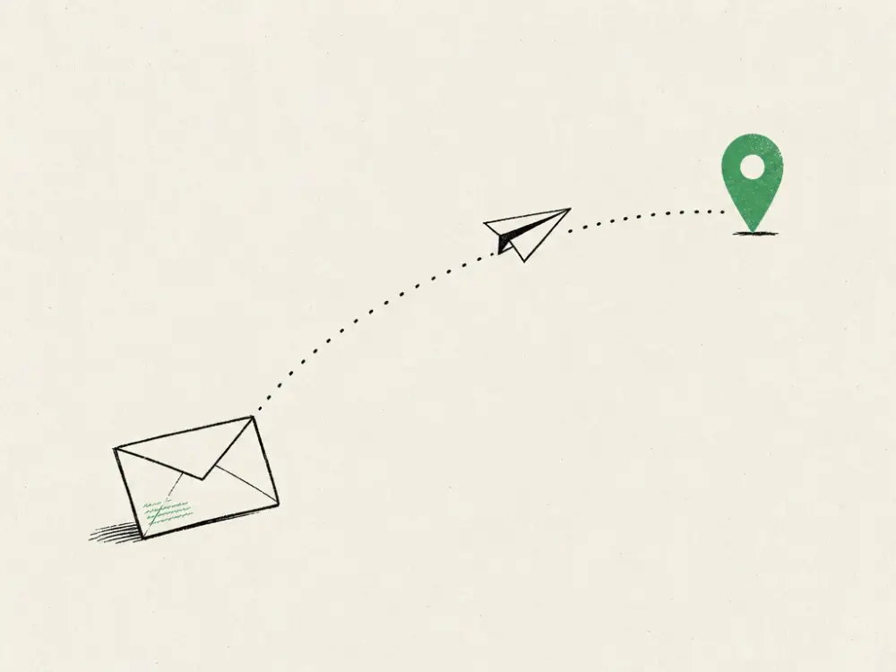 An ink paper plane flying from an envelope to a single green patient marker