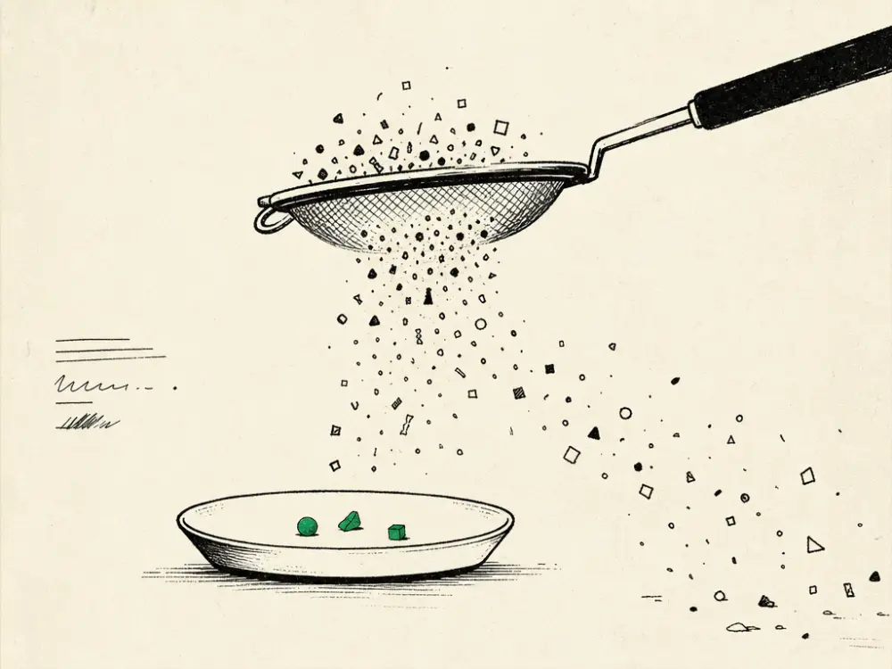 An ink sieve pouring away scattered shapes while three brand-green nuggets land in a dish