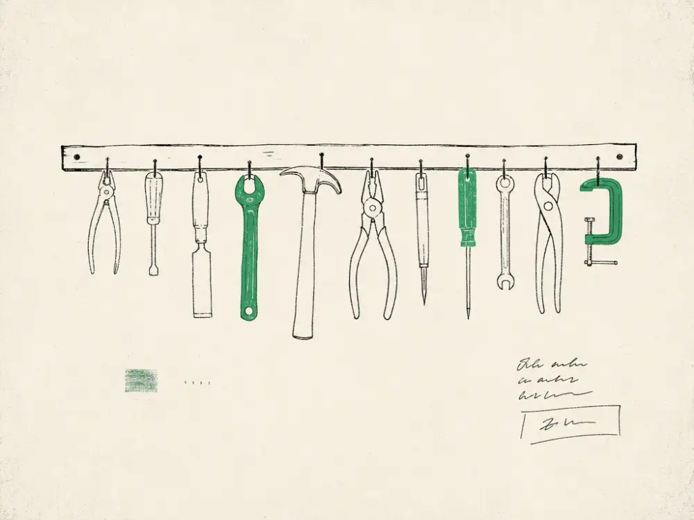 A workbench rail of faint ink hand tools with three tools picked out in brand green