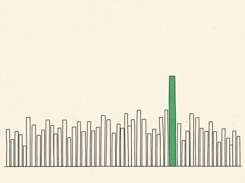 Many crowded ink bars like a packed skyline, one taller bar filled brand green