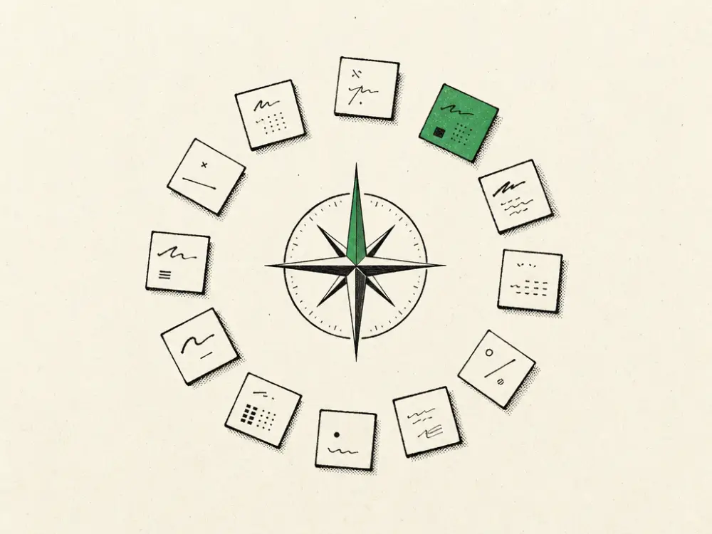 Square postcode tiles ringed around an ink compass rose, one tile and needle brand green