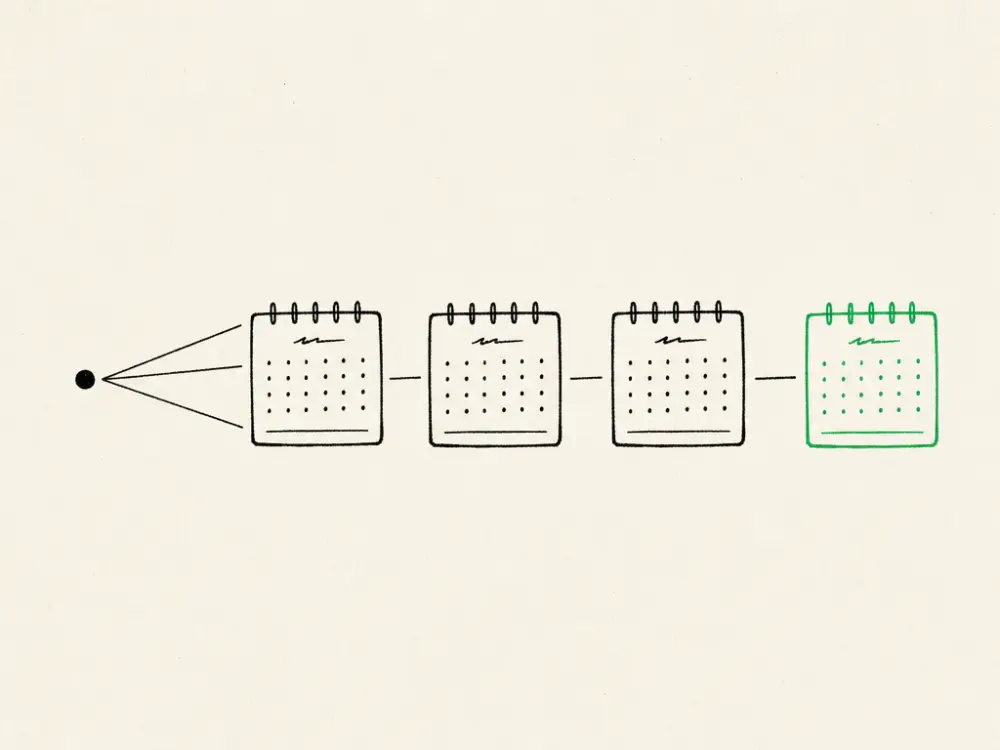 A single ink dot branching into a row of repeating calendar blocks, one green