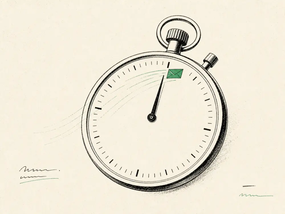 An ink stopwatch with a brand-green envelope racing its sweeping hand toward the top