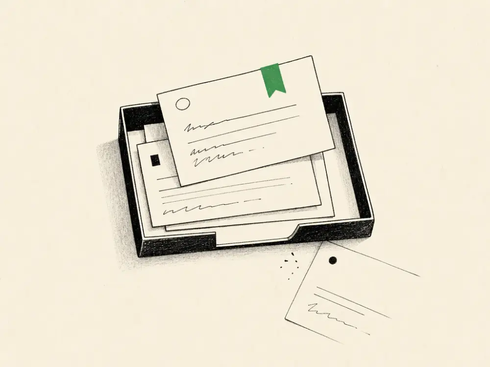 An ink inbox tray of enquiry cards, one flagged brand green as another slips away