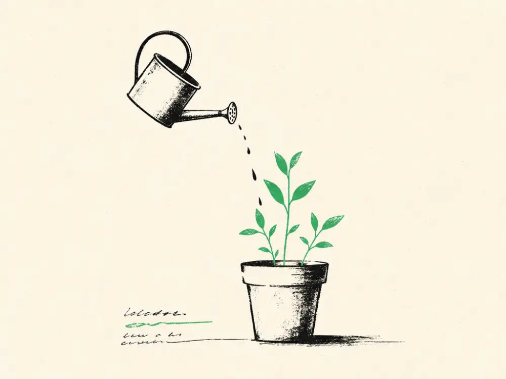An ink watering can feeding a potted plant with fresh brand-green shoots rising from the pot