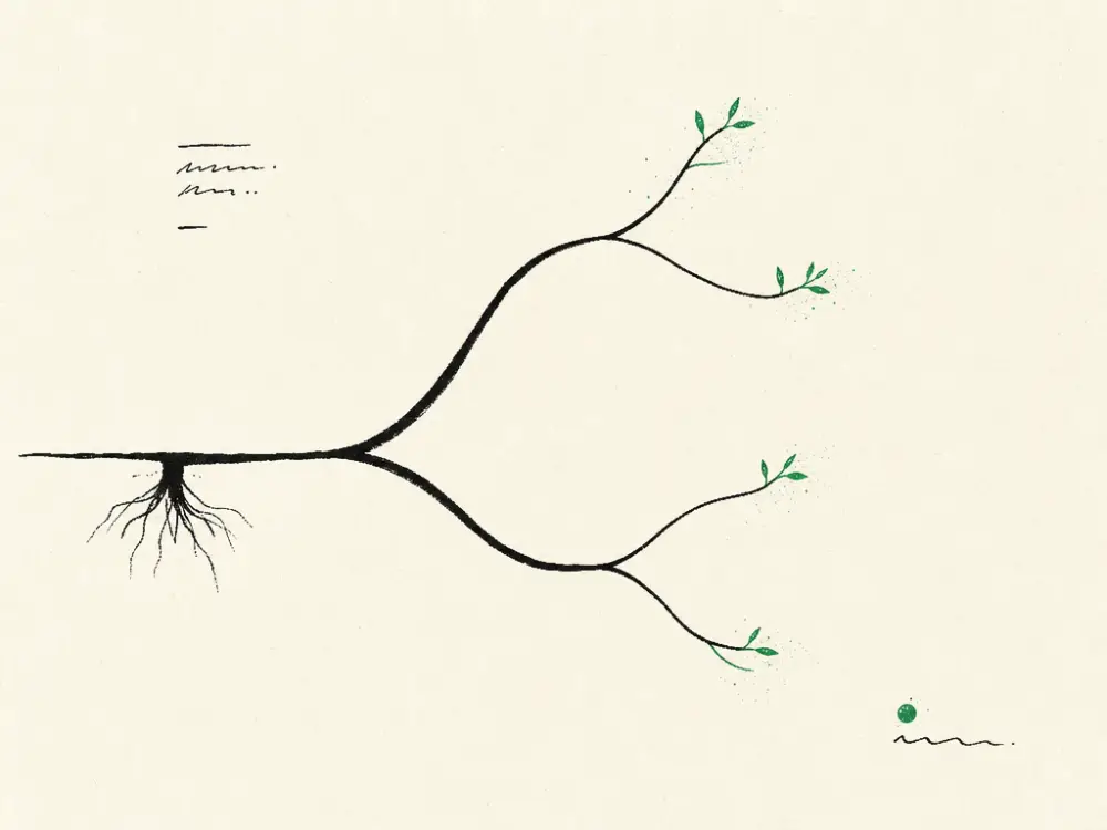 A branching ink tree doubling from one root to many tips, newest shoots brand green