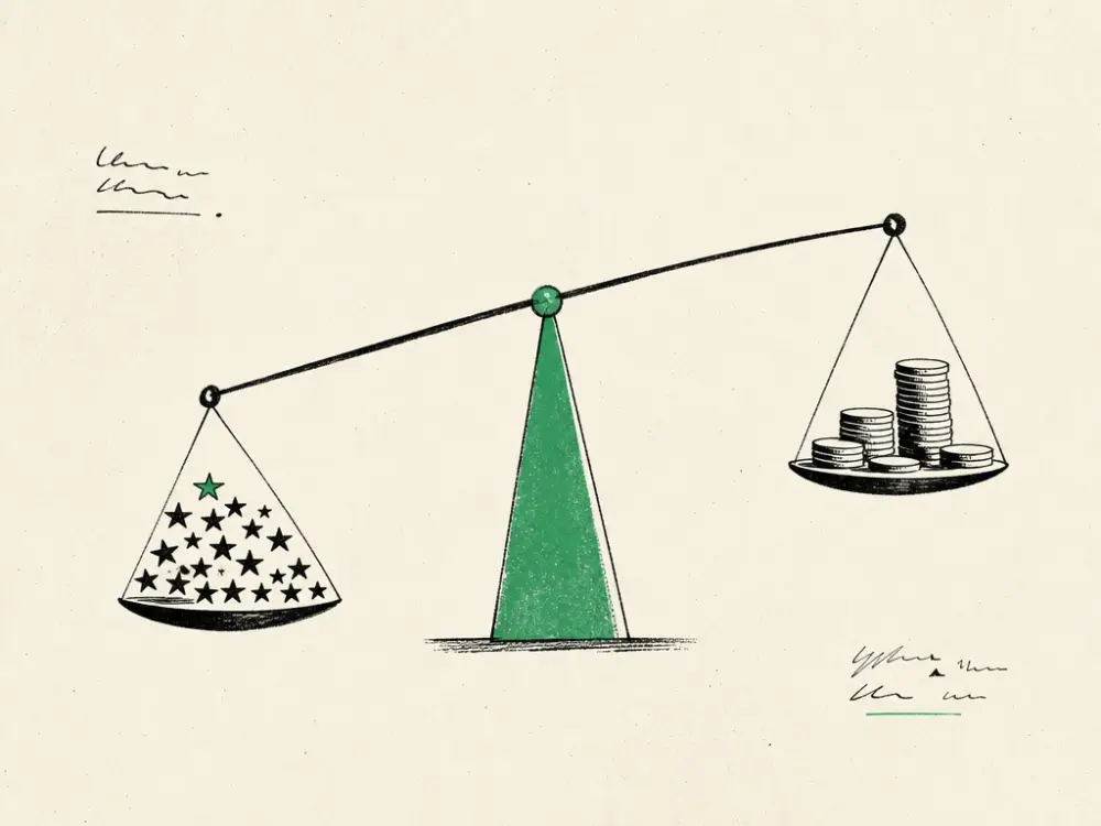 An ink scale tipping a cluster of review stars below a stack of coins
