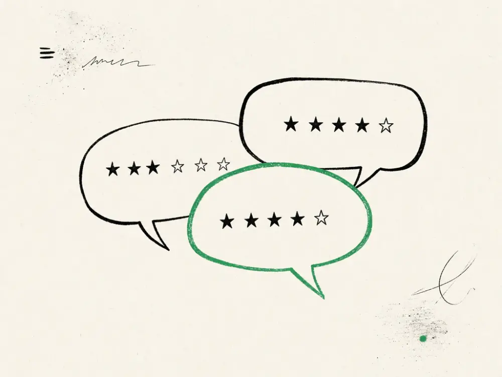Three overlapping ink speech bubbles holding rows of stars, front bubble outlined green