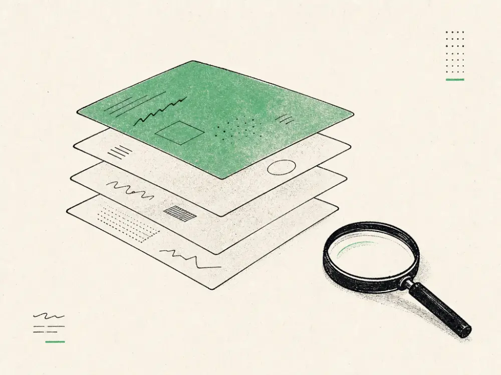 Four offset translucent SEO layers in ink with a magnifier, top layer tinted green