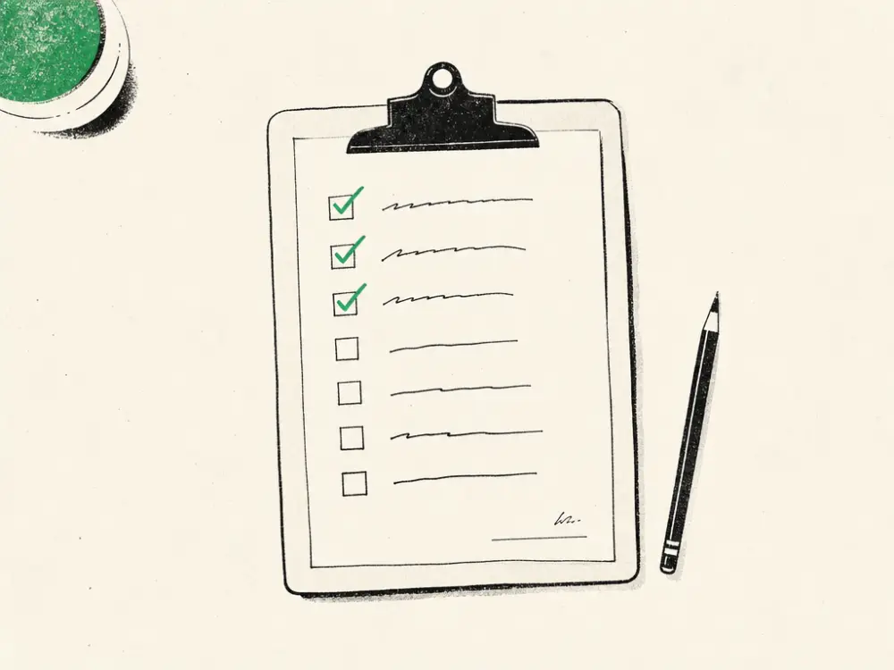 An ink clipboard checklist with the top three items ticked in brand green