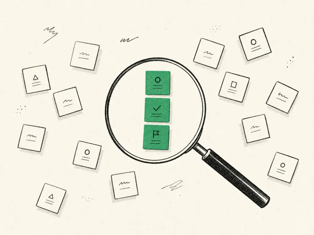 An ink hand-lens gathering three task tiles into a brand-green column above scattered faint tiles