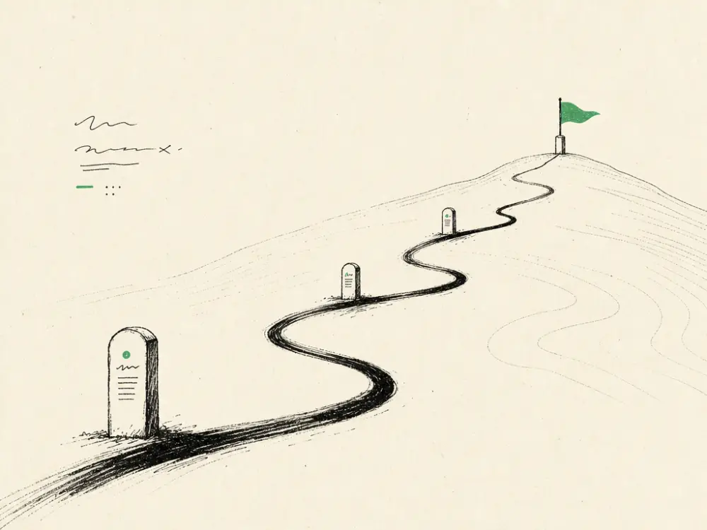 A winding ink path climbing past milestone posts to a brand-green flag on the hilltop