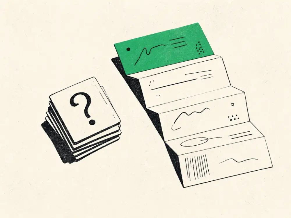 Ink question-mark tiles stacked beside a folded paper accordion with one brand-green fold