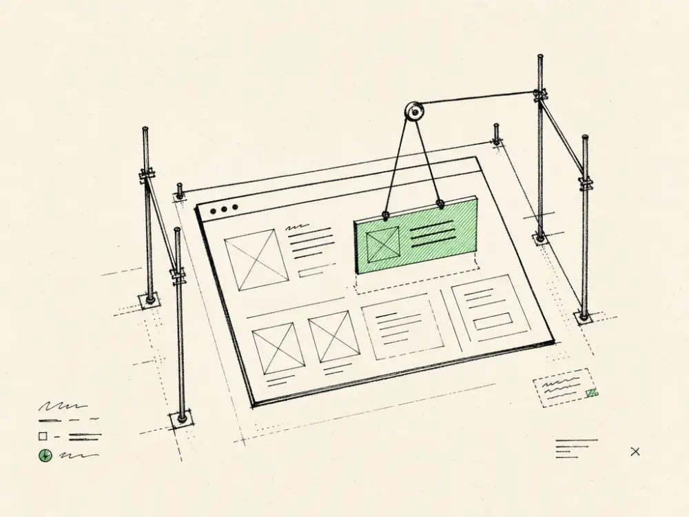 An ink website frame under scaffolding with a pulley lifting one brand-green content block into place