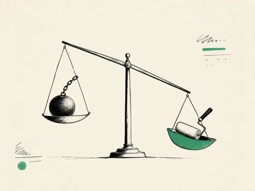Ink balance scale weighing a wrecking ball against a paint roller, roller pan brand green