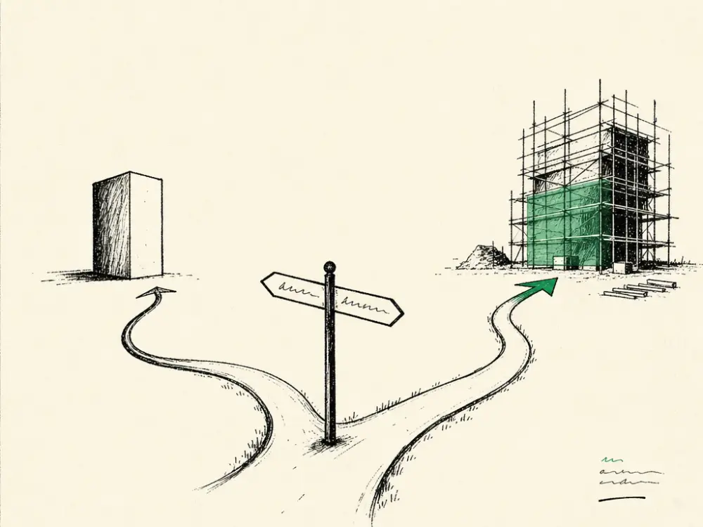 Hand-drawn editorial illustration accompanying the article titled Aesthetic Clinic Web Design: When to Rebuild, When to Leave It.