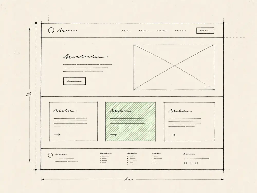 An ink wireframe of a clinic web page with one content block hatched green
