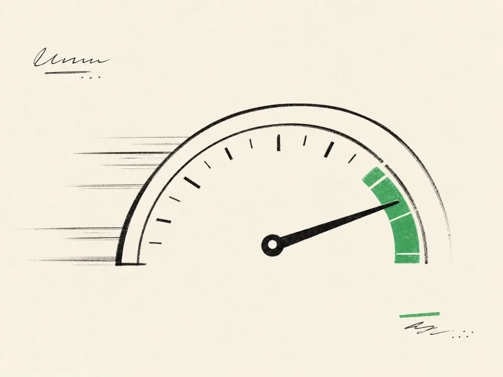 A hand-drawn speed gauge with its needle swung into a green fast zone