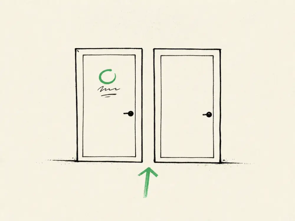 Two ink doors on cream paper, a green floor arrow pointing into the gap between them