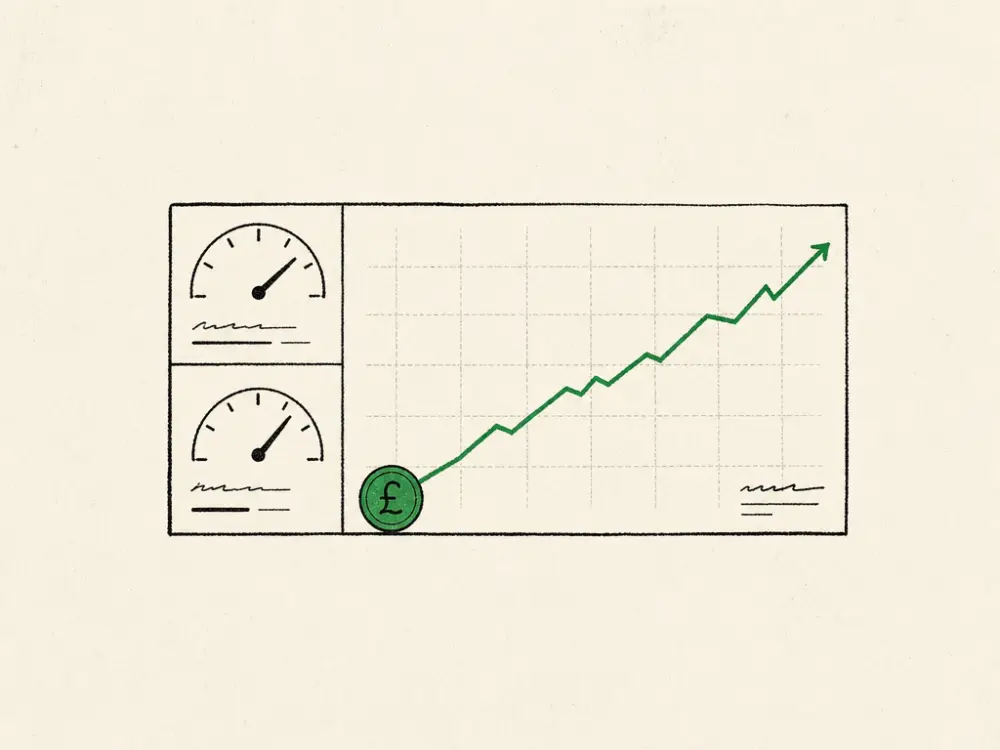 An ink dashboard of two gauges and a rising line tracing back to a green pound coin