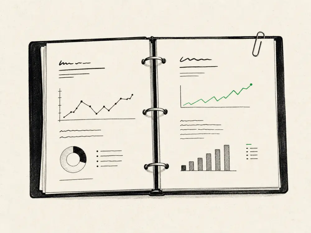 An open report binder with two pages of charted lines, one sparkline rising in green