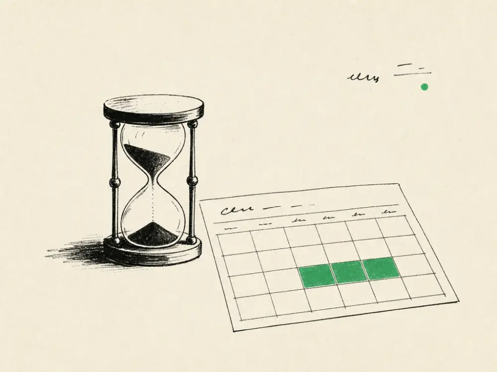 An ink hourglass beside a calendar grid with three consecutive squares filled brand green