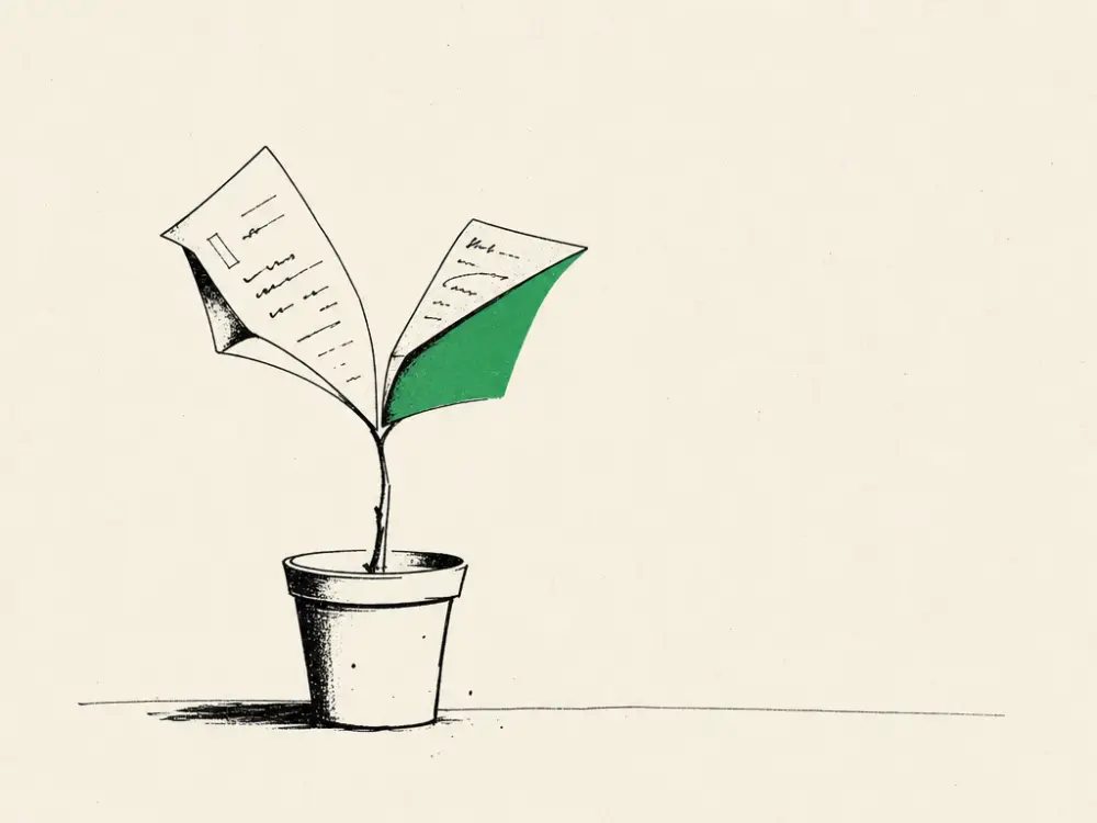 An ink seedling whose leaves are folded paper sheets, one leaf filled brand green