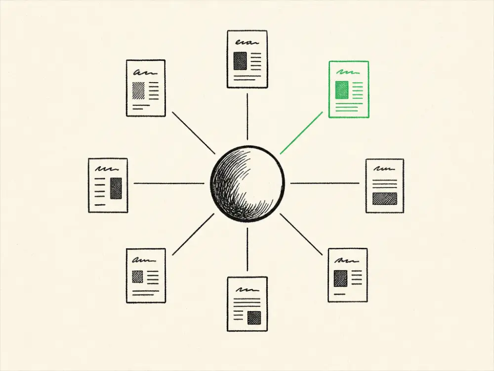 A hub-and-spoke diagram of small ink article cards, one spoke accented brand green