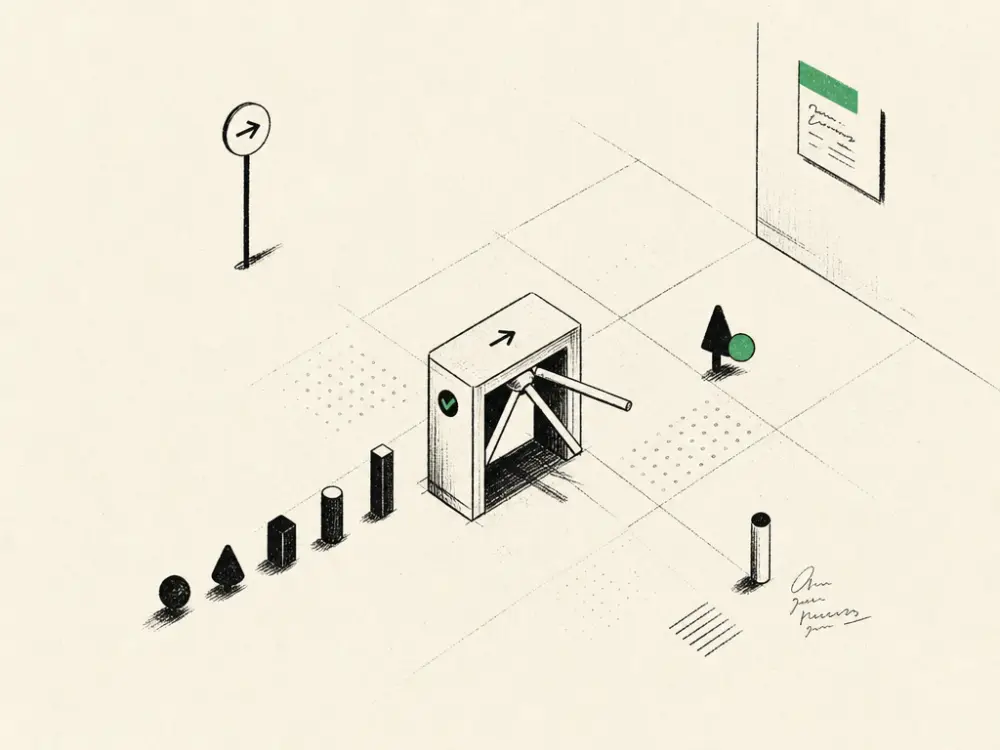 An ink turnstile gate with small markers queuing, one through holding a brand-green pass token