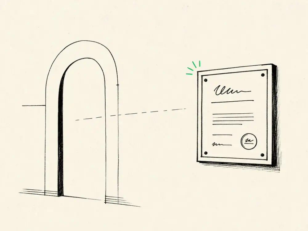 A wall-mounted ink licence plaque by a doorway, a brand-green shine mark in its corner