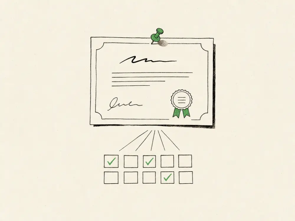 An ink certificate pinned with a brand-green pin, lines feeding small booking squares below