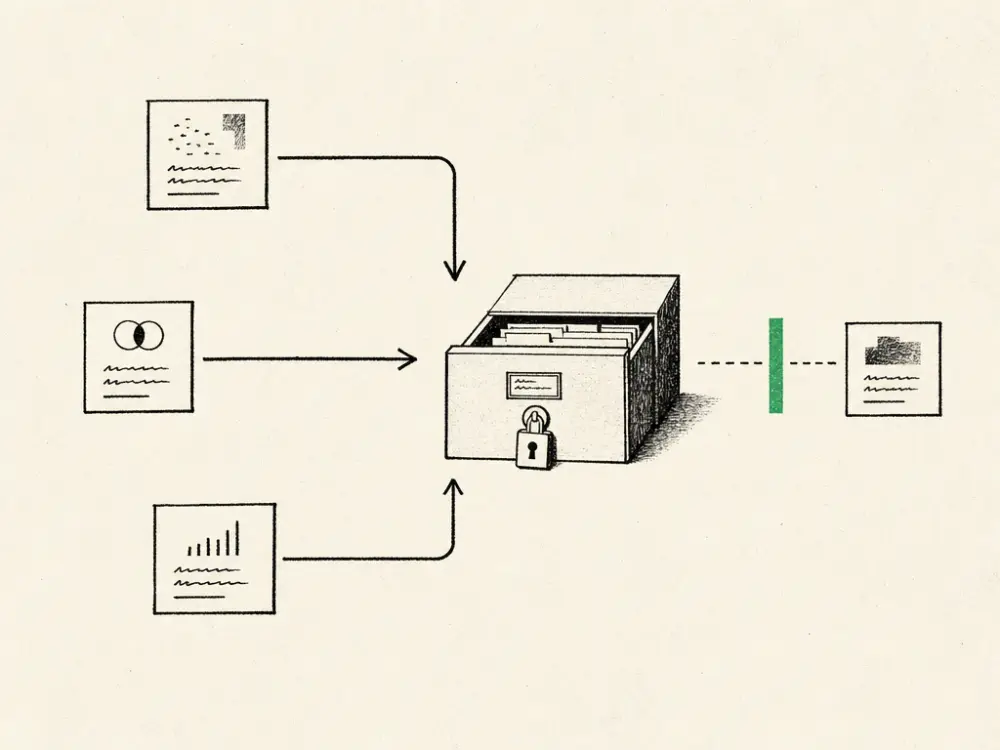 Ink flow diagram of boxes and arrows into a locked drawer, one arrow blocked