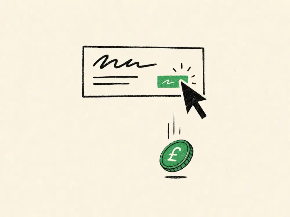 An ink cursor clicking an ad banner as a green pound coin drops away