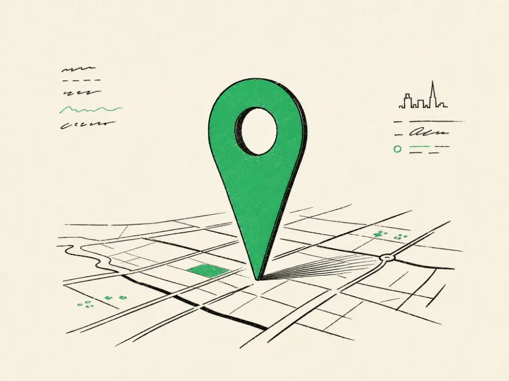 A tall green map pin standing on a sketched street grid in slight perspective