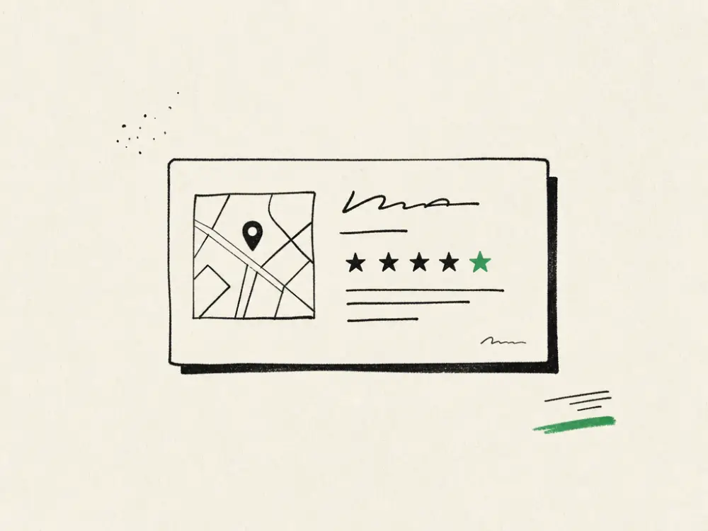 An ink business-profile card with a map thumbnail and a row of stars, one green