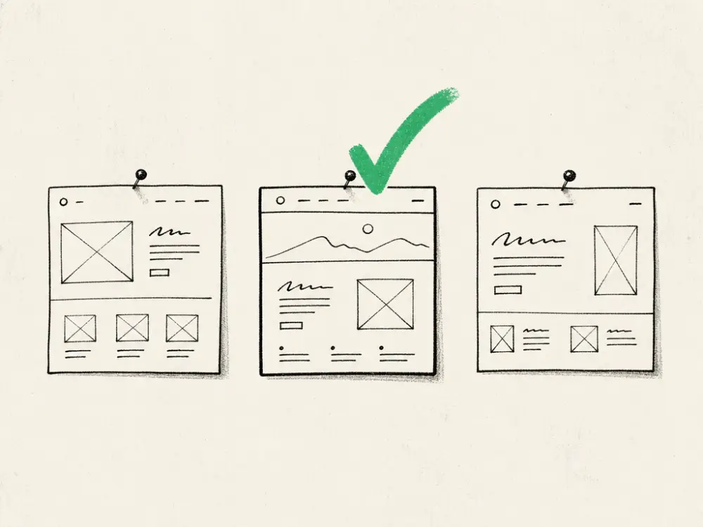 Three pinned website layout sketches with a green tick selecting the middle one