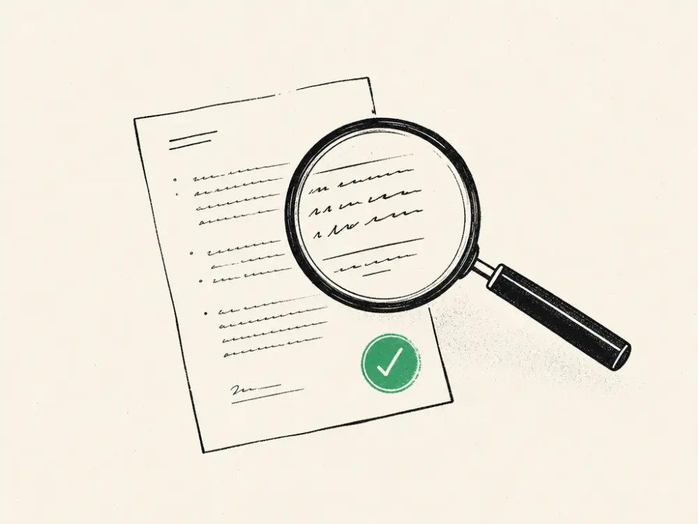 An ink magnifier over an agency brief with a small green check seal