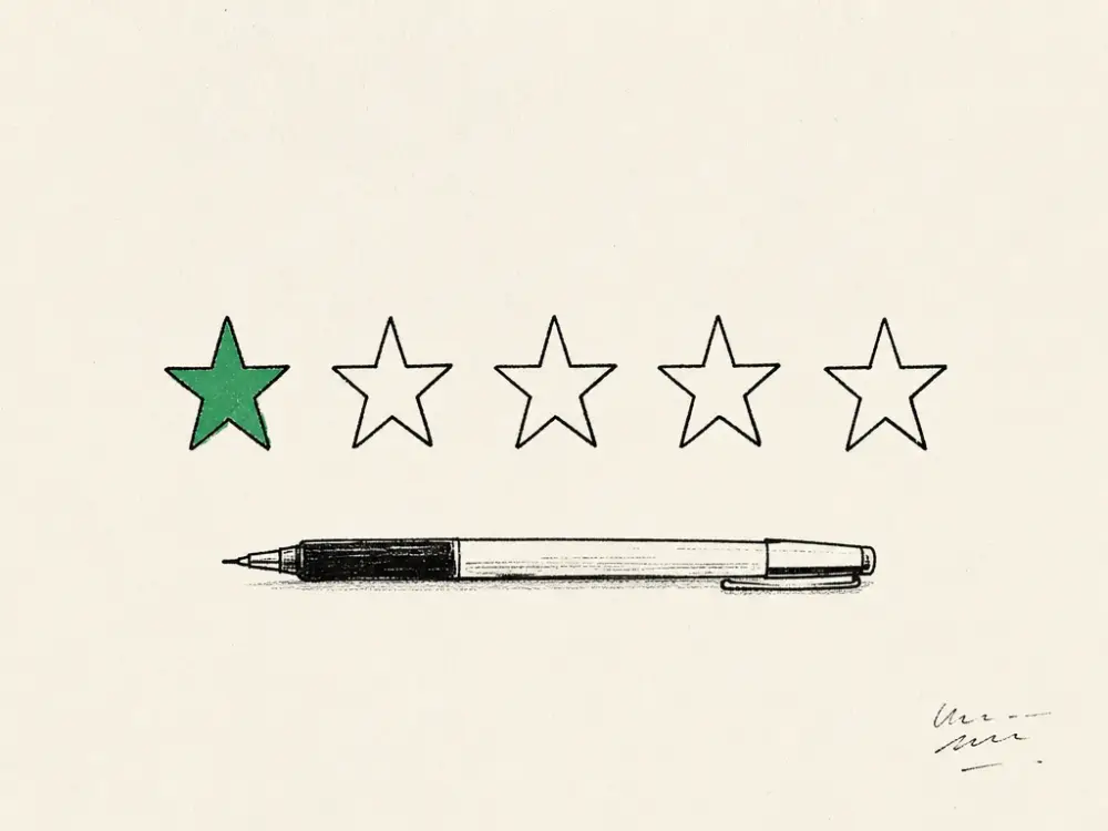 A row of five outlined ink stars with only the first one filled brand green