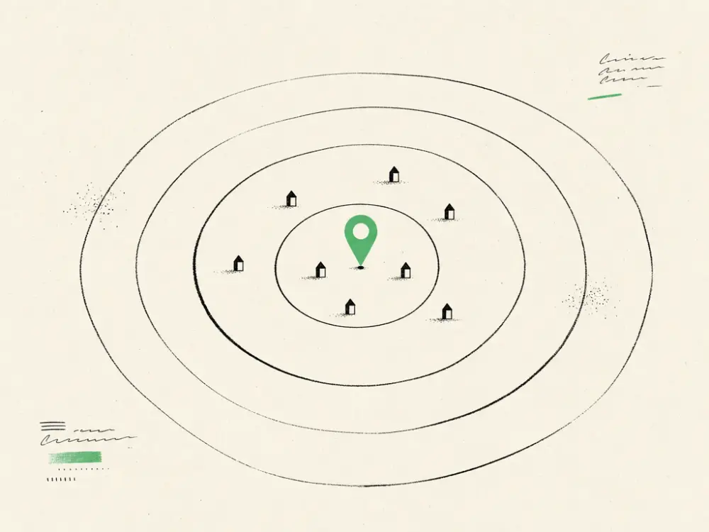 Concentric ink rings radiating from a brand-green map pin with small scattered house markers