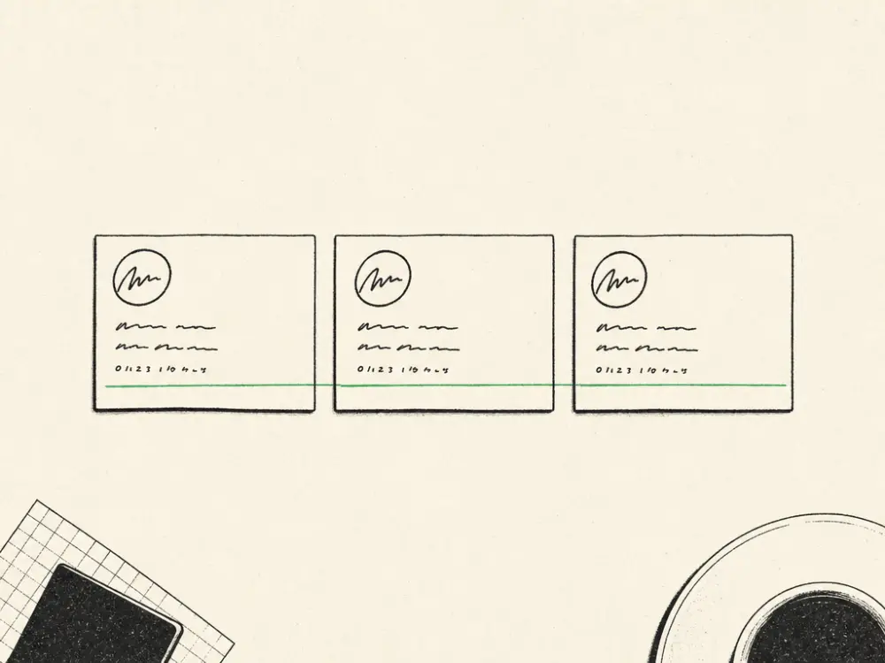 Three matching ink business-listing cards in a row sharing one consistent brand-green underline