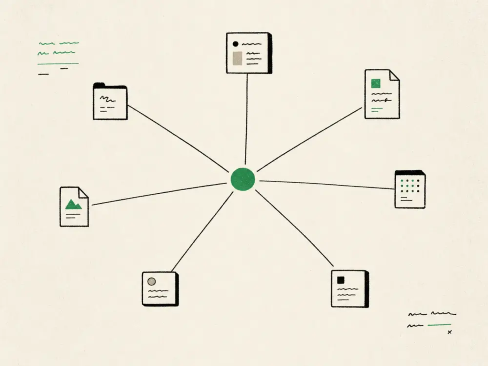 Small directory nodes connected by thin ink lines into one central brand-green marker dot