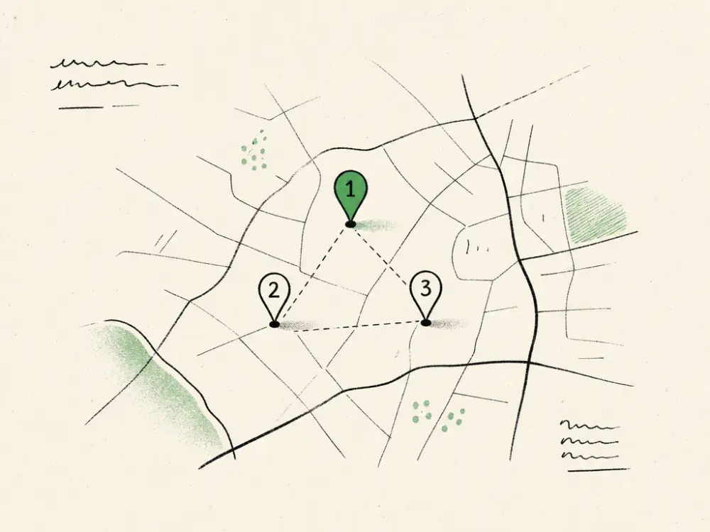 A sketched local map with three ranked pins, the top first-place pin in green