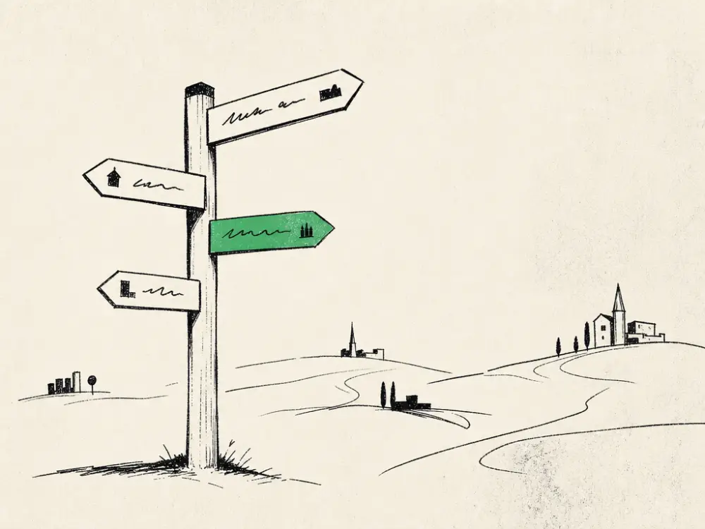 An ink signpost with arrows pointing to nearby towns, one arrow tipped green