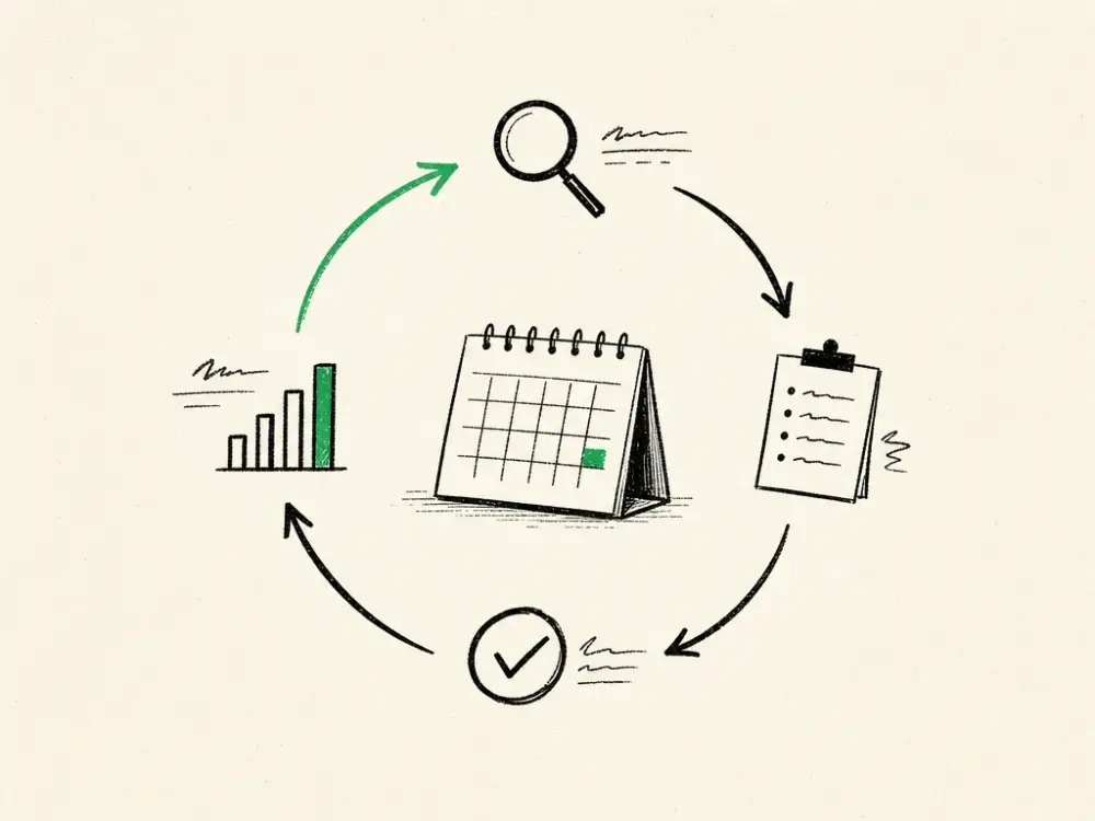 A circular four-step review loop around an ink calendar, one quarter marked green