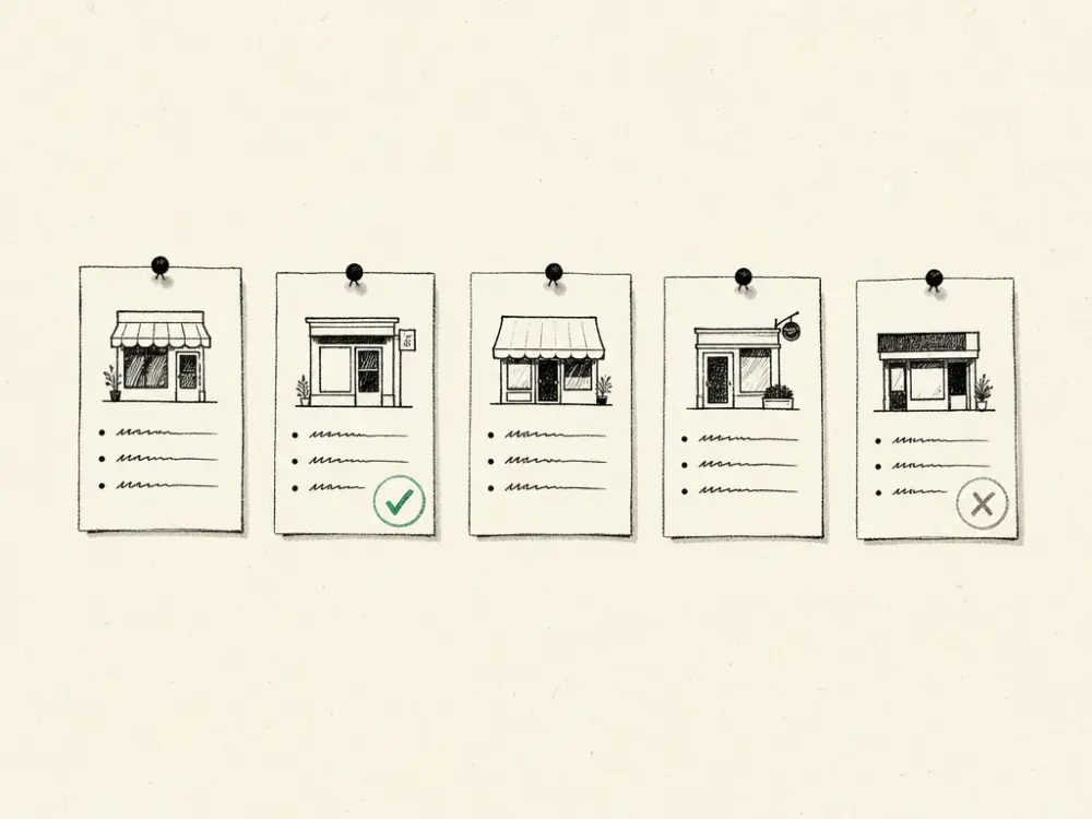 Five ink address cards pinned in a row, one sealed with a green tick, one marked with a cross