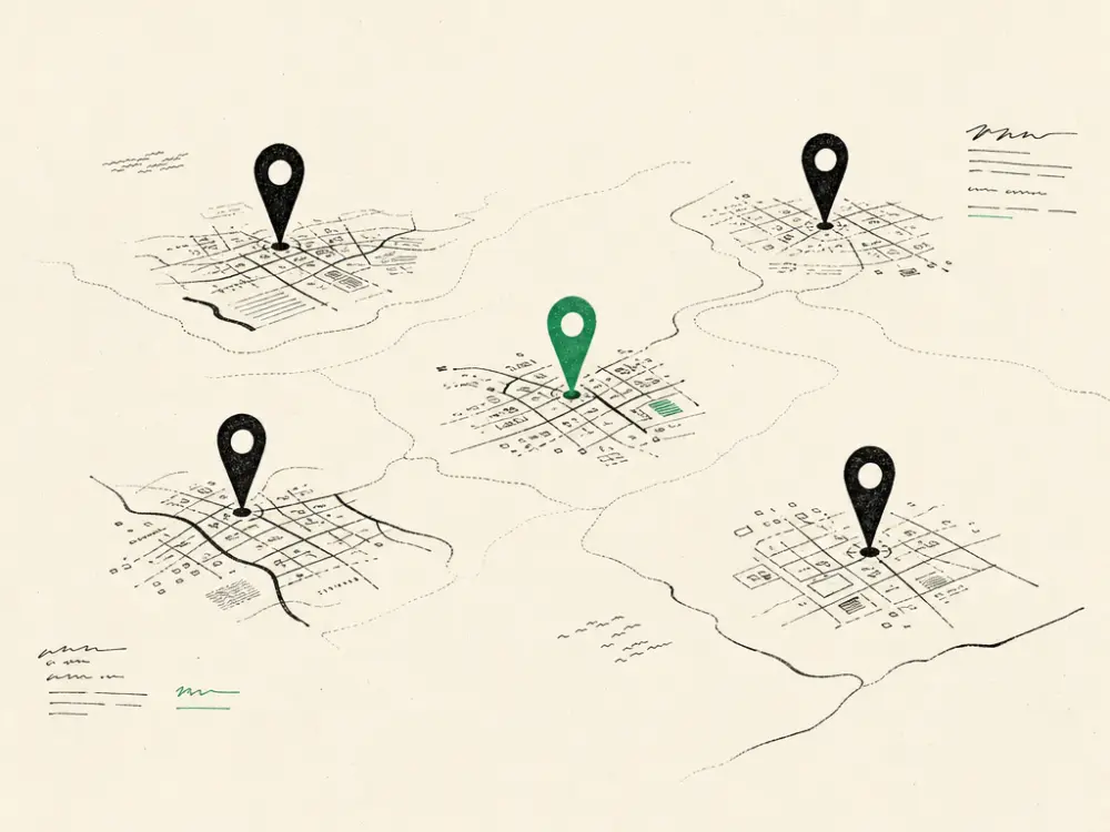 Hand-drawn editorial illustration accompanying the article titled Multi-Location SEO: How to Rank Every Clinic You Own.